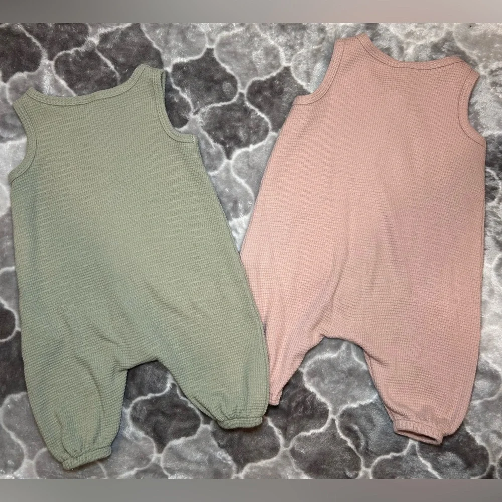 QUINCY MAE Baby Waffle Jumpsuit Bundle- Sage & Blush/ Size 0-3M